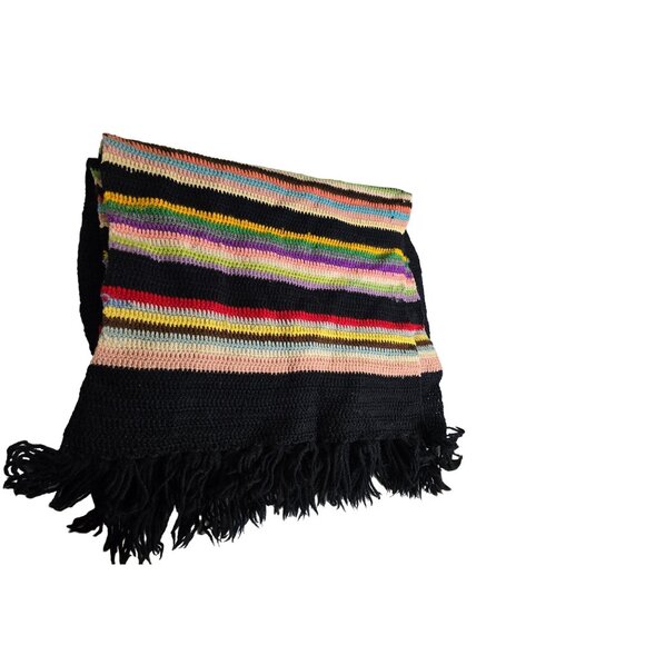 Handwoven Multicolor Striped Crochet Scarf With Fringe Retro 70s - Picture 3 of 3